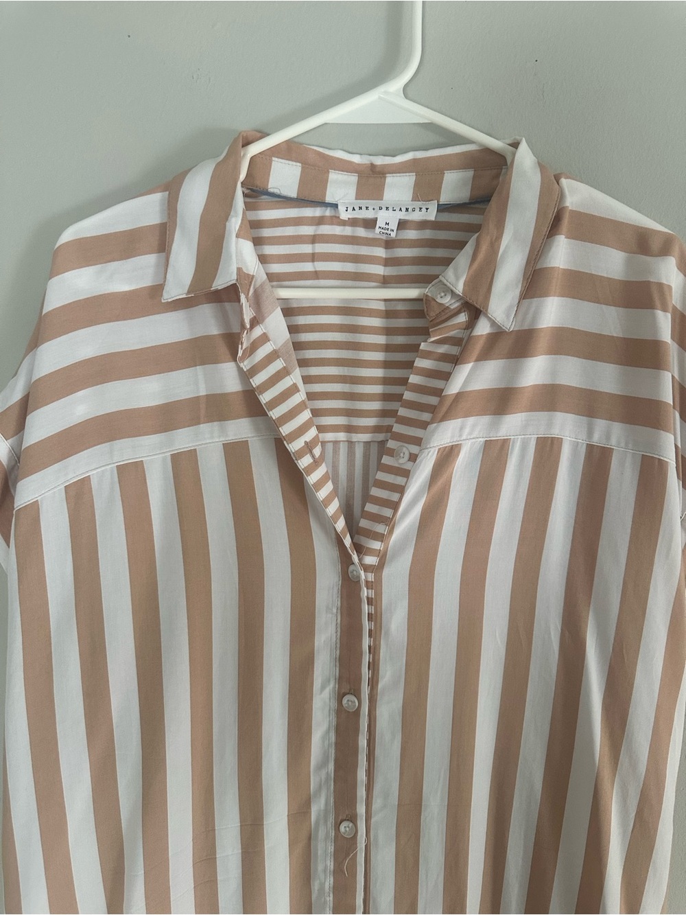 Jane and Delancey Beige and White Striped Button-Down Shirt